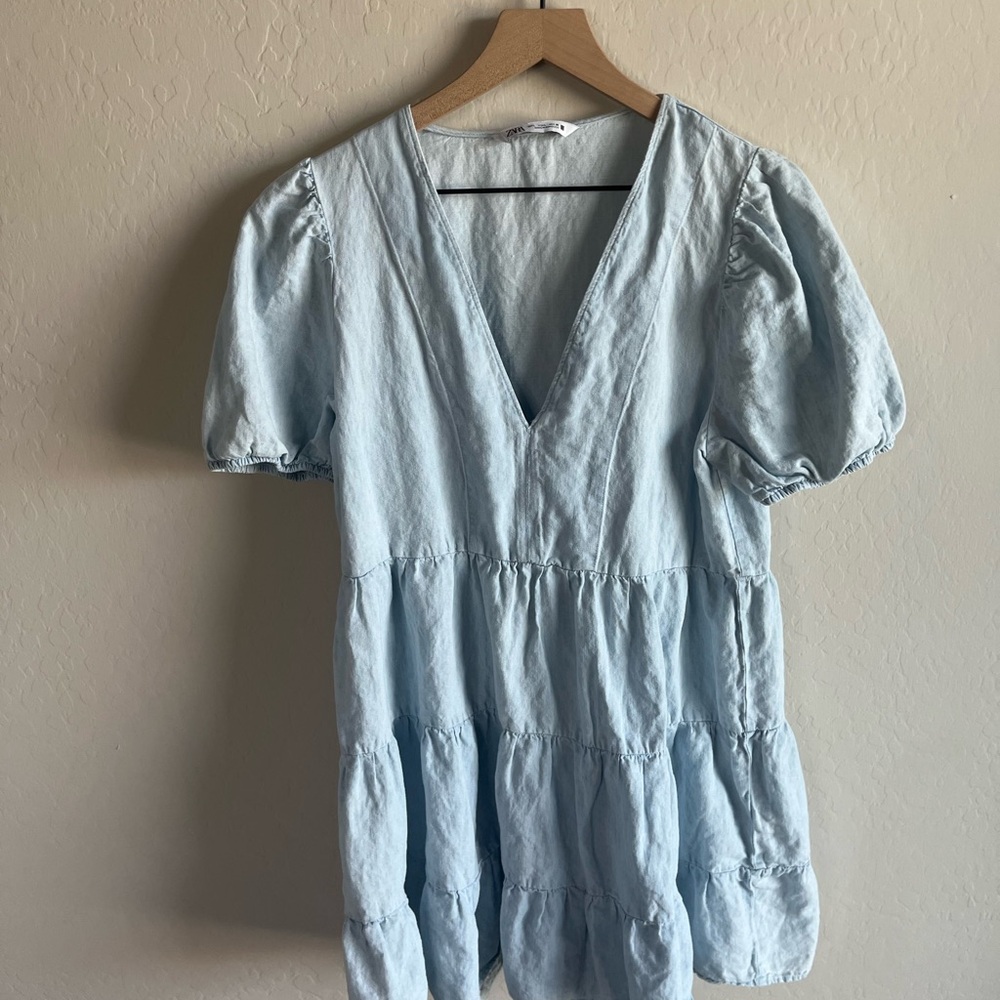 Zara Blue Linen Blend Womens Puff Sleeve Mini Sundress - Picture 2 of 6